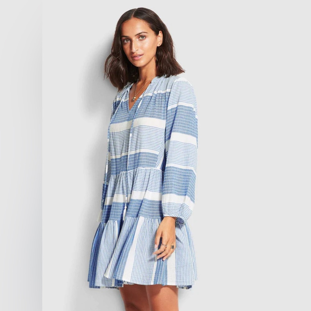 Seafolly Myra Jacquard  Blue  & White Cover-Up Tunic Dress Size S/M